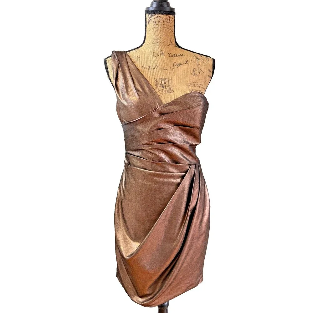 Robert Rodriguez One Shoulder Bronze Metallic Draped Cocktail Dress Size 6
